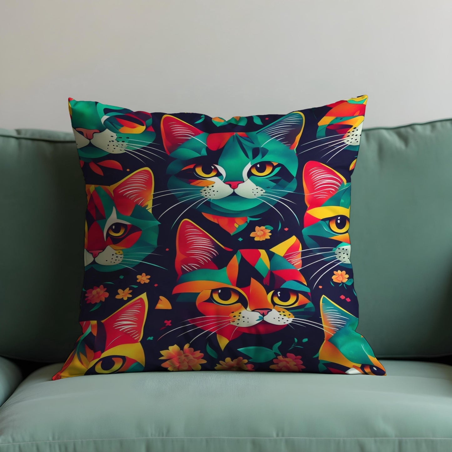 Colorful Cat Cushion Cover, Bold Abstract Kitty Faces Pillow Case