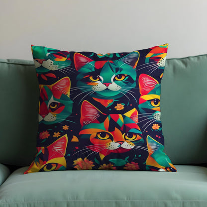 Colorful Cat Cushion Cover, Bold Abstract Kitty Faces Pillow Case