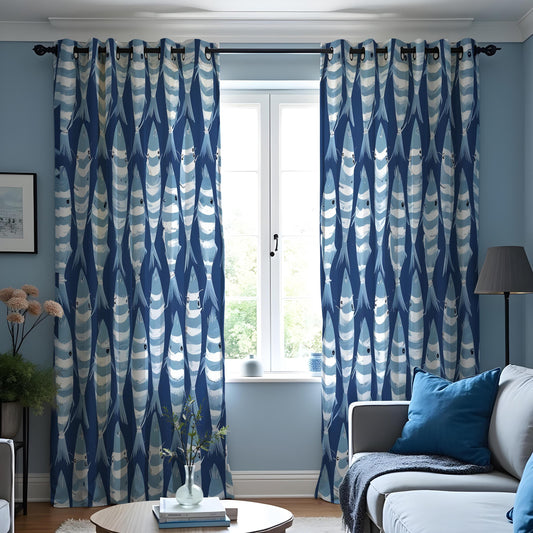 Blue Coastal Fish Curtains, Nautical Beach House Drapes