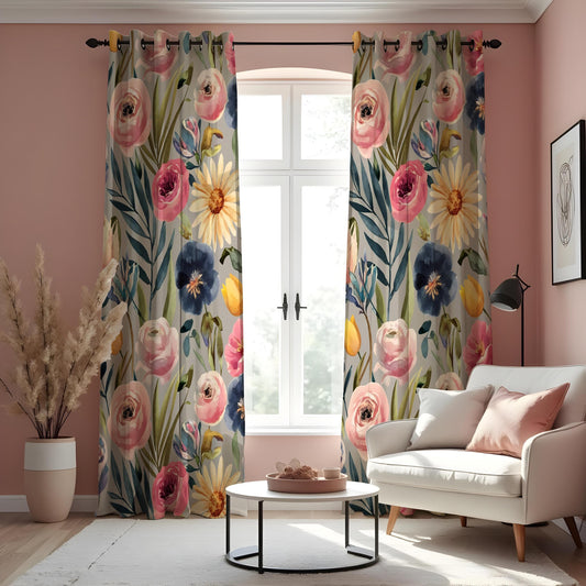 Pink Ranunculus & Blue Anemone Curtains, Watercolor Drapes
