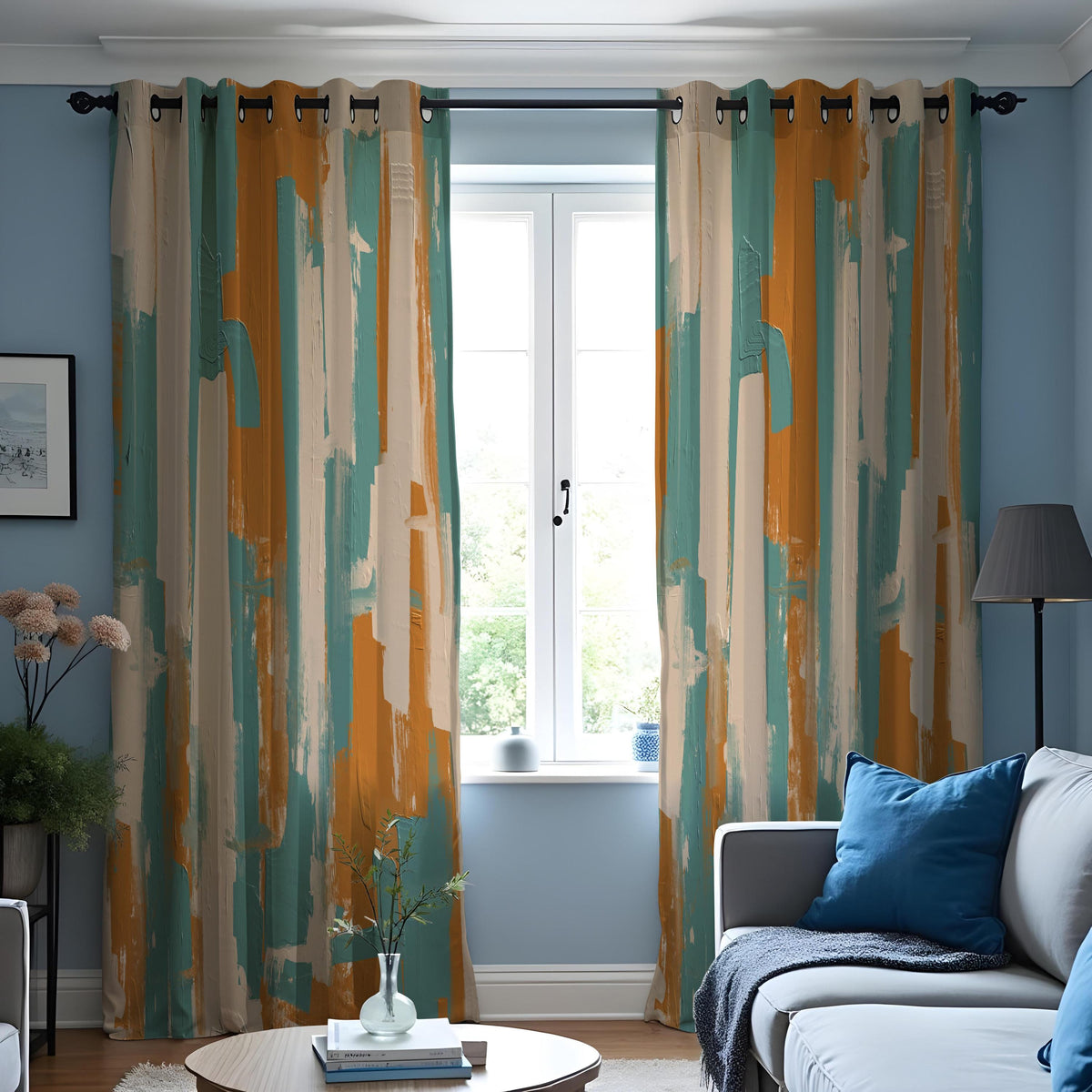 Teal and Rust Brushstroke Curtains, Abstract Art Drapes