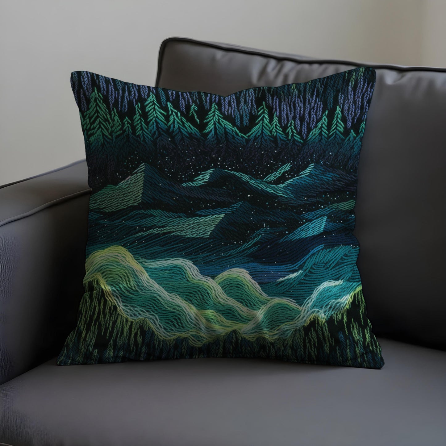 Northern Lights Cushion Cover, Dark Forest Mountain Night Pillow Case