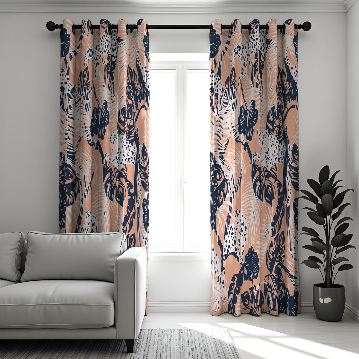 Blush Pink Tropical Curtains, Navy Leaf & Leopard Drapes