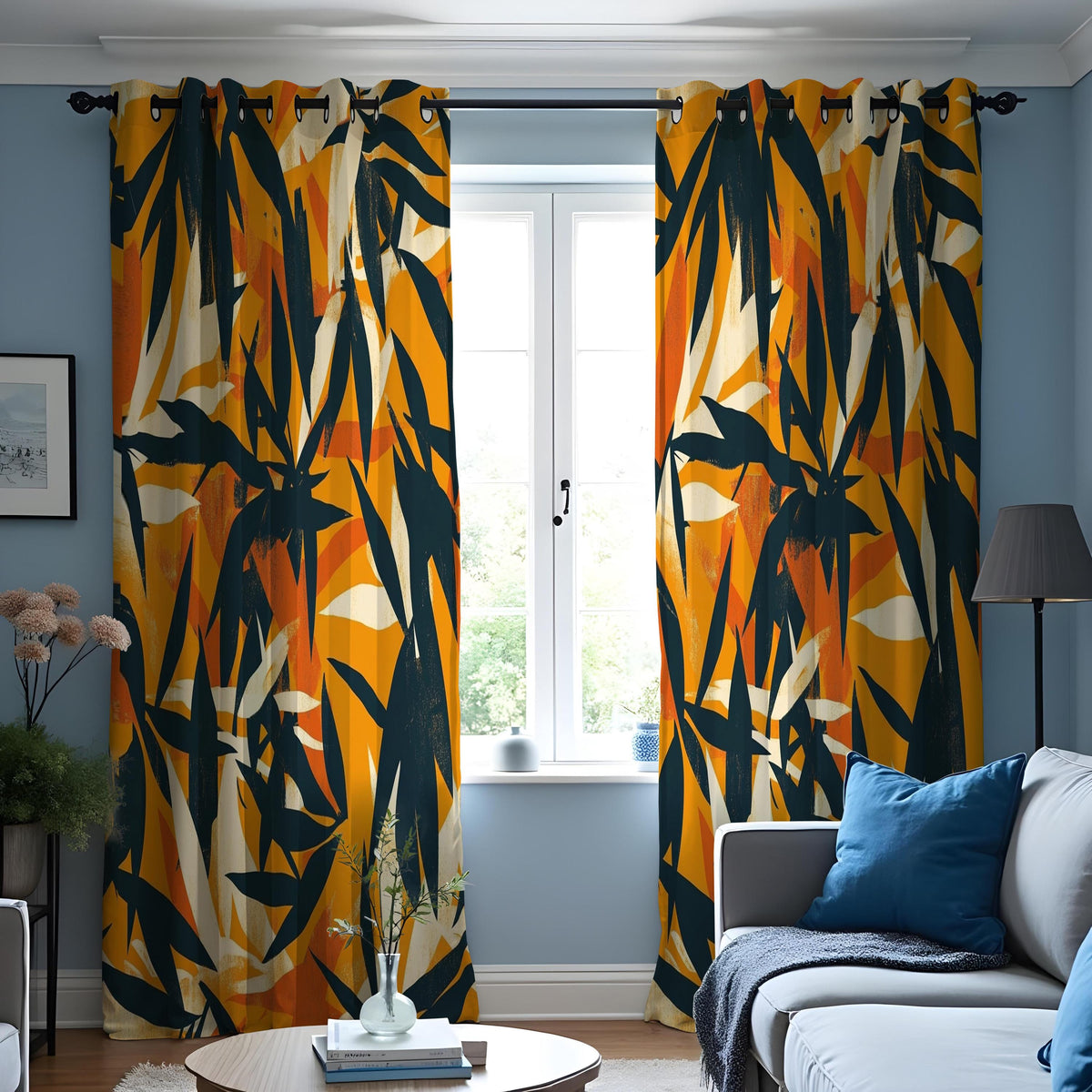 Orange Abstract Brushstroke Curtains, Artistic Leaf Drapes