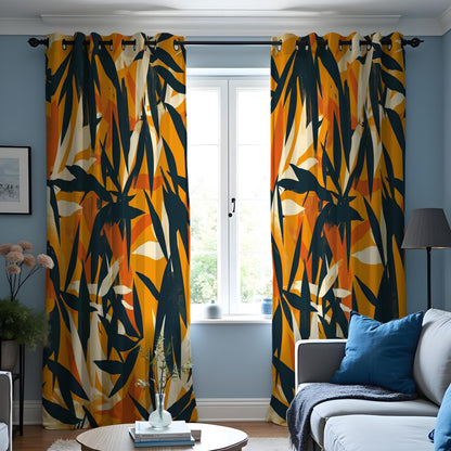 Orange Abstract Brushstroke Curtains, Artistic Leaf Drapes