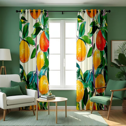 Lemon Watercolor Kitchen Curtains, Citrus Botanical Drapes