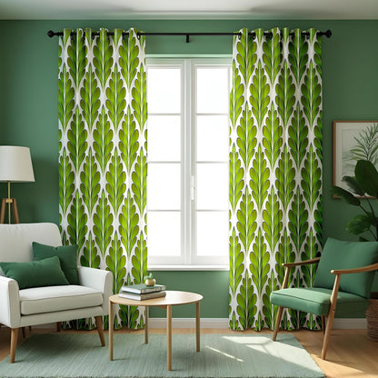 Green Retro Leaf Curtains, Modern Botanical Custom Drapes