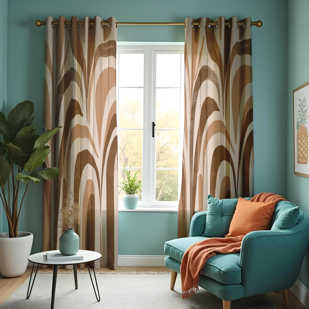 Brown Retro Wave Stripe Curtains, Boho Arch Pattern Drapes