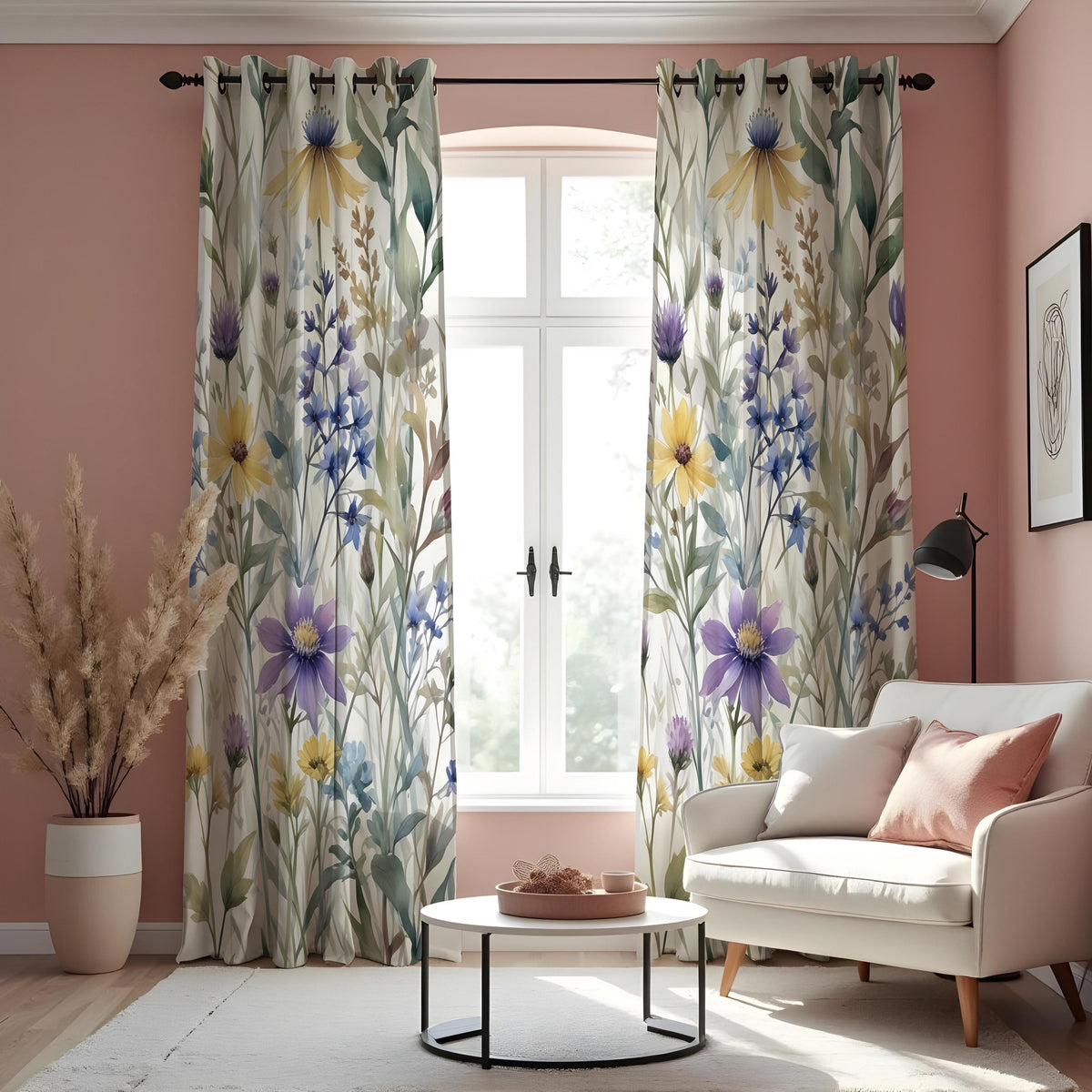 Pastel Floral Curtains, Soft Botanical Print Window Drapes