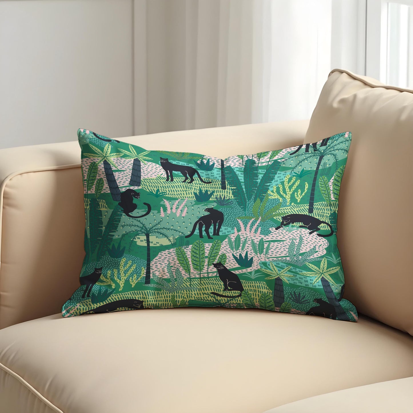 Jungle Panther Cushion Cover, Green Tropical Safari Pillow Cover