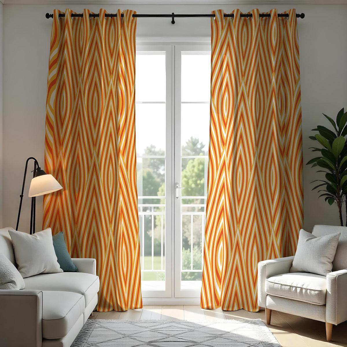 Orange Retro Geometric Curtains, Mid Century Custom Drapes