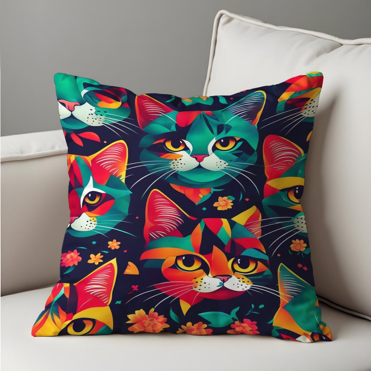 Colorful Cat Cushion Cover, Bold Abstract Kitty Faces Pillow Case