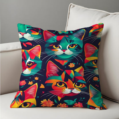 Colorful Cat Cushion Cover, Bold Abstract Kitty Faces Pillow Case