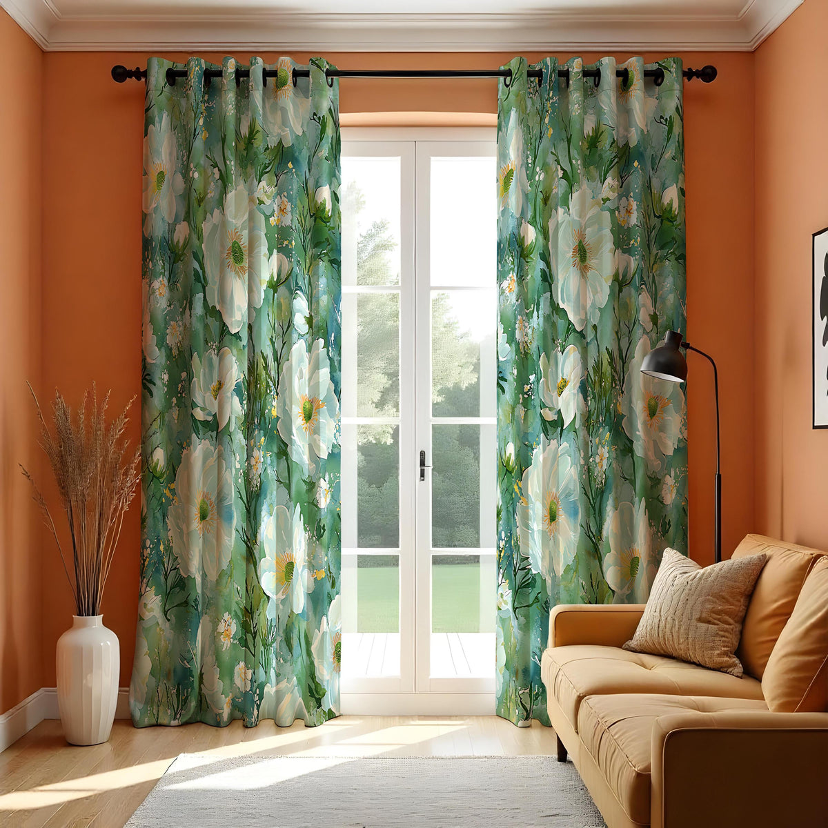 Teal Floral Curtains, Watercolor White Flower Drapes