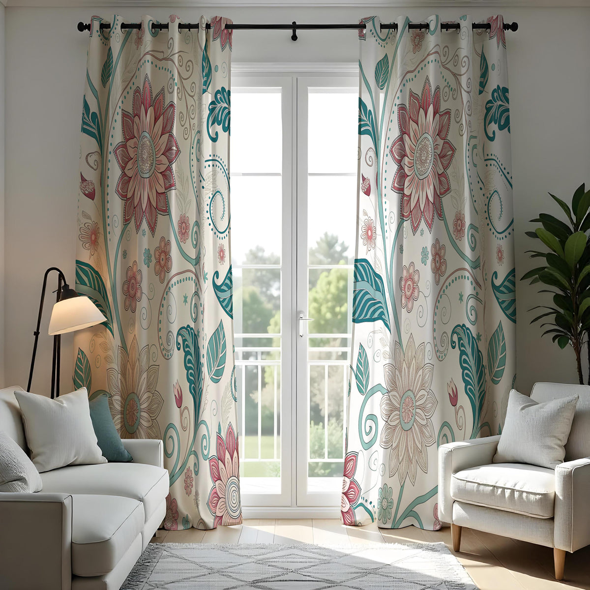 Teal & Pink Mandala Floral Curtains, Boho Window Drapes