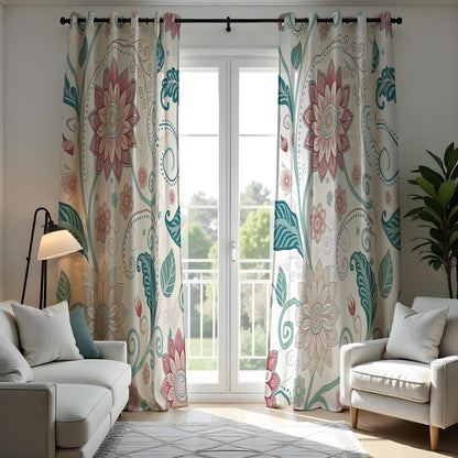 Teal & Pink Mandala Floral Curtains, Boho Window Drapes