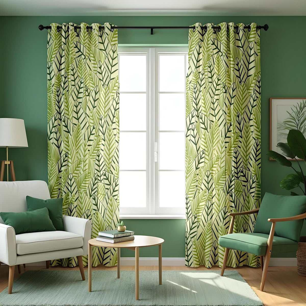 Green Leaf Print Curtains, Tropical Jungle Botanical Drapes