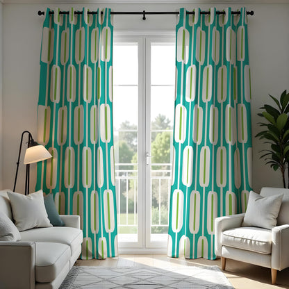 Teal & Lime Retro Geometric Curtains, Mid Century Drapes