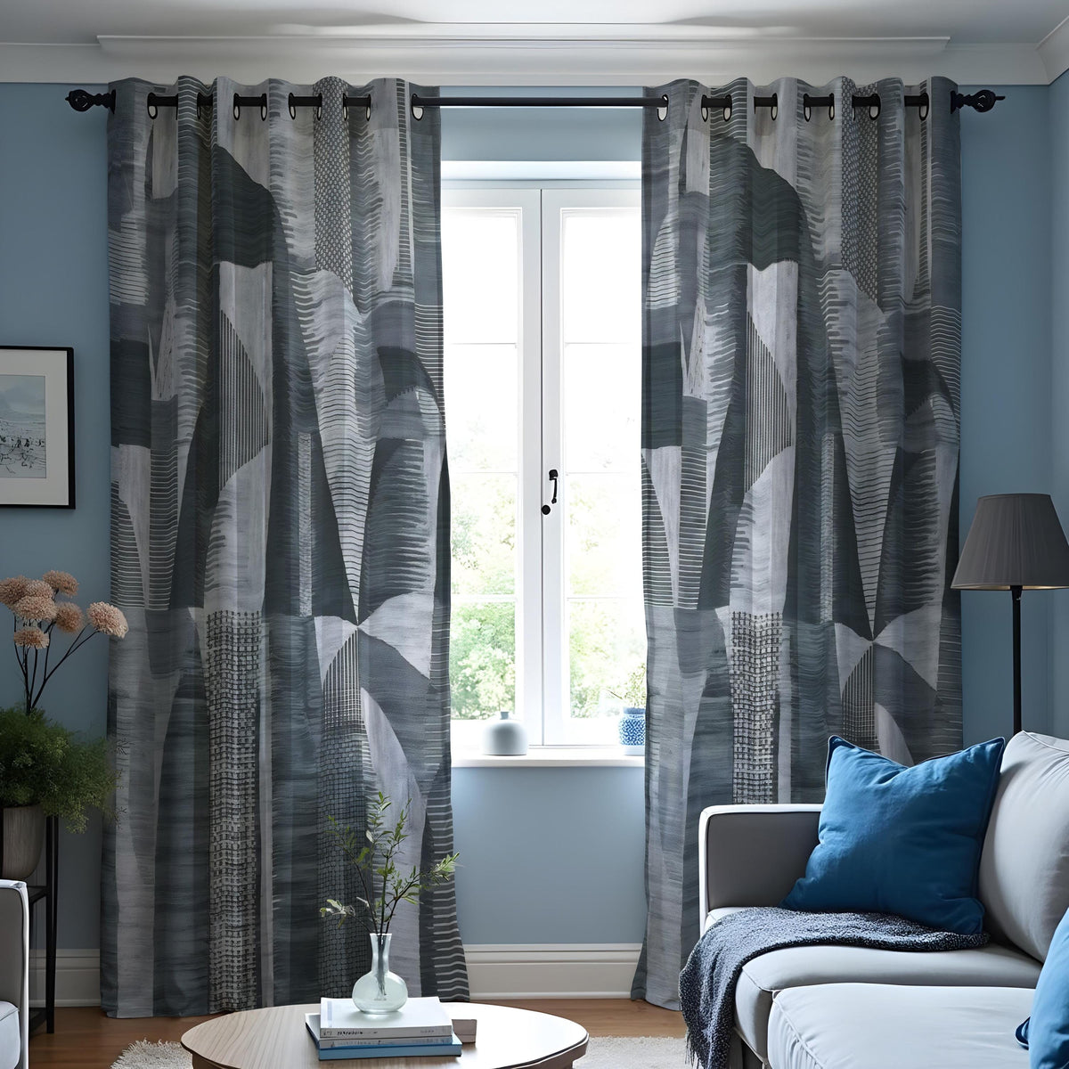 Charcoal & Grey Botanical Curtains, Leaf Print Drapes