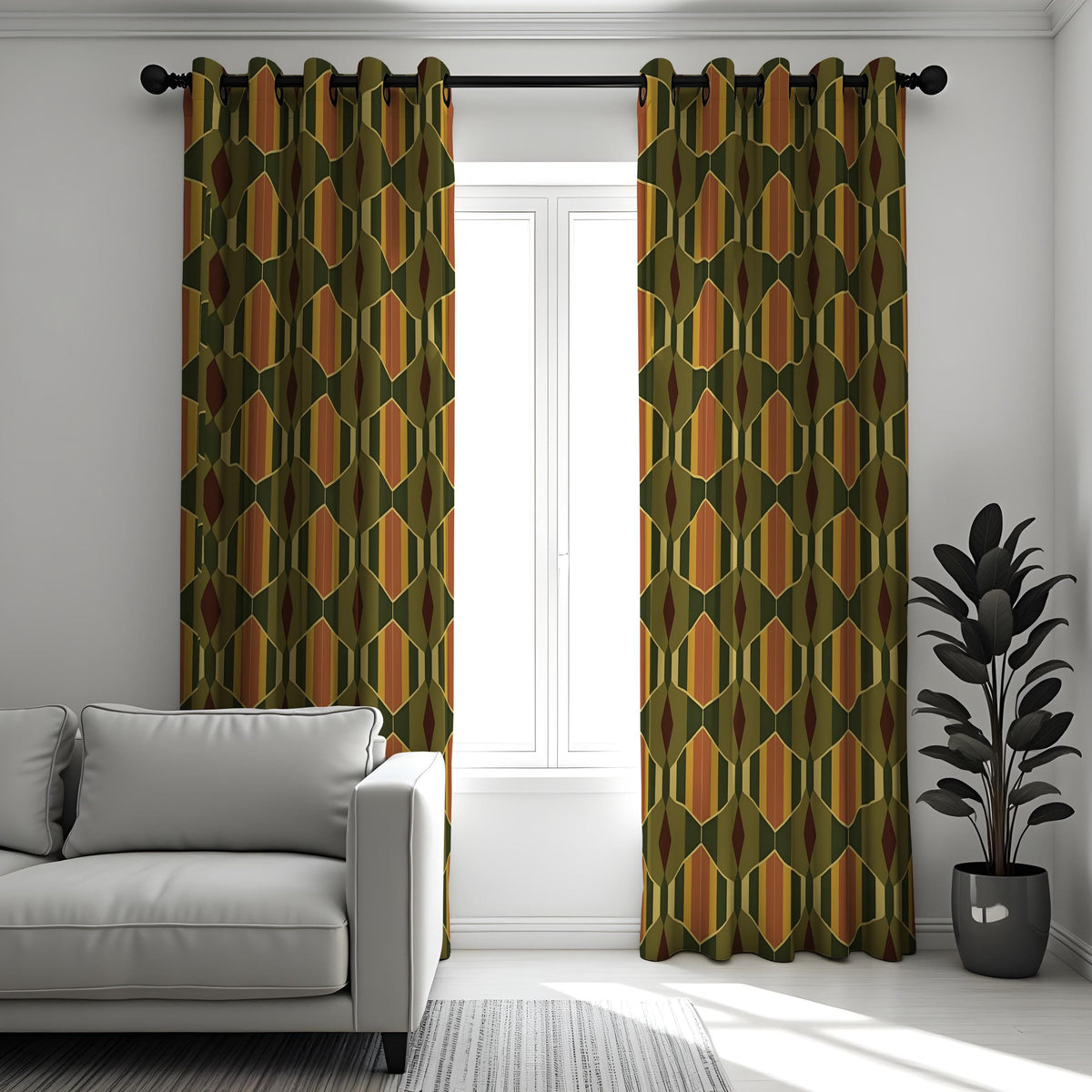 Olive Mustard Brown Retro Curtains, Mid Century Drapes