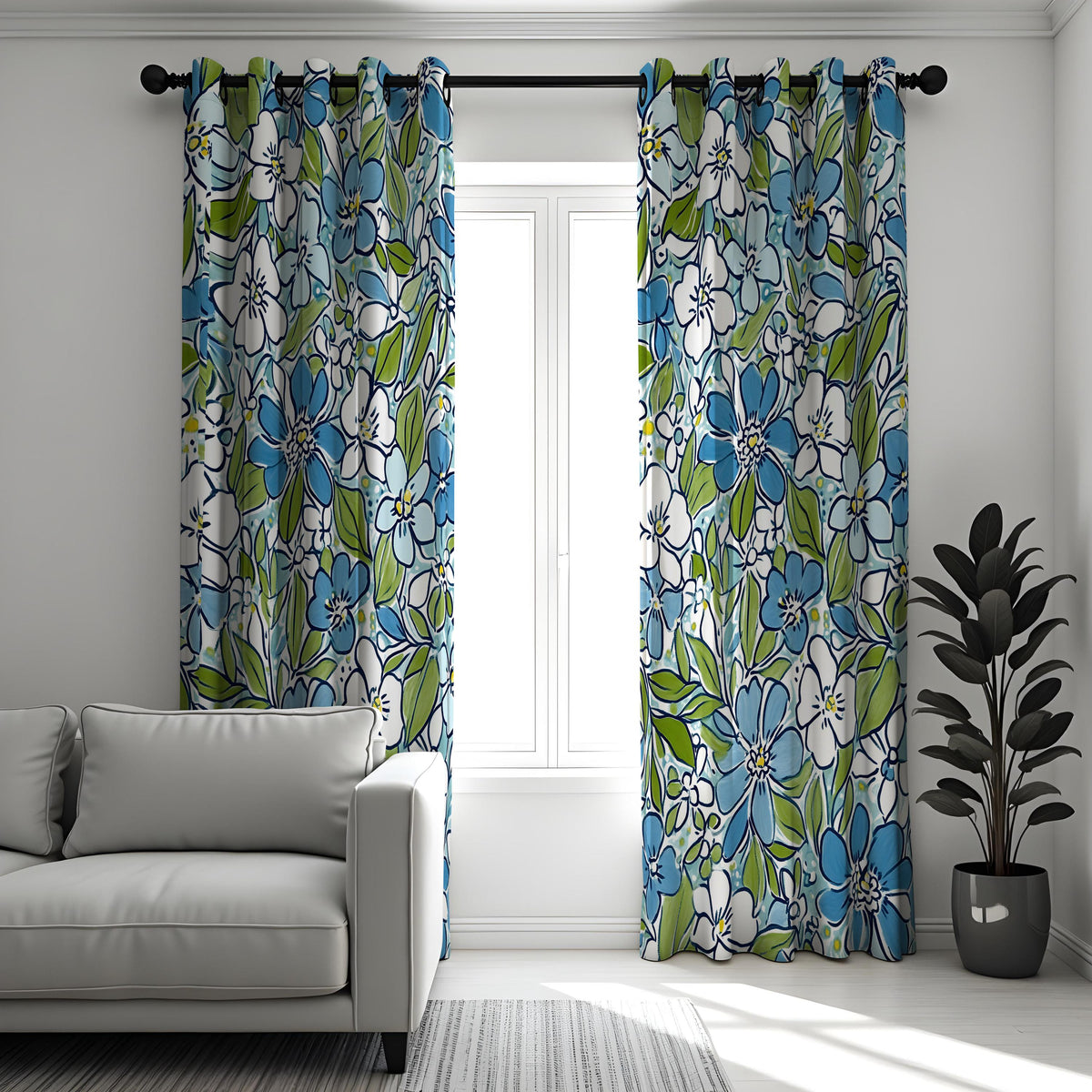 Blue & Green Floral Curtains, Retro White Blossom Drapes
