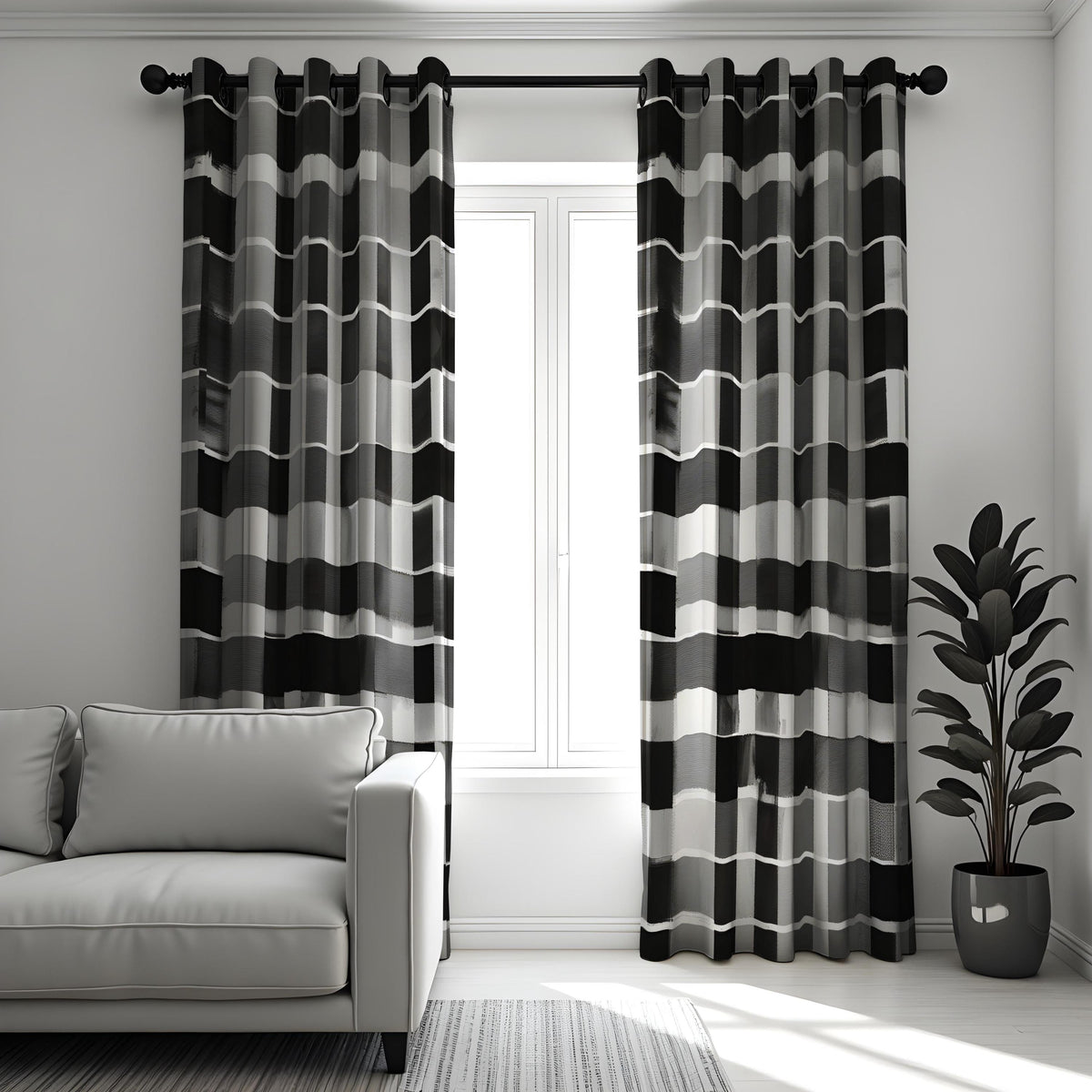 Black and White Grid Curtains, Monochrome Geometric Drapes