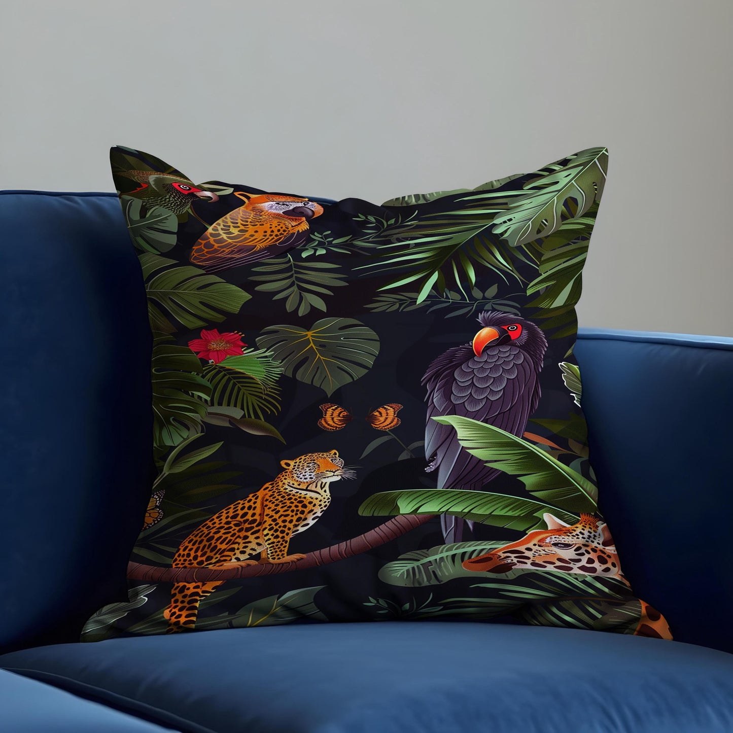 Jungle Animal Print Cushion Cover, Black Tropical Throw Pillow Case