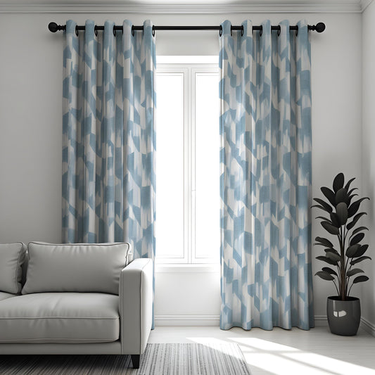 Blue Abstract Geometric Curtain Panels, Custom Window Drapes