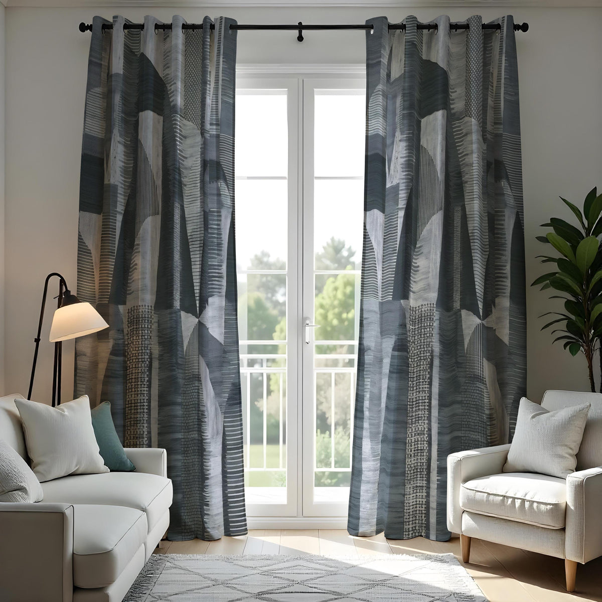 Charcoal & Grey Botanical Curtains, Leaf Print Drapes