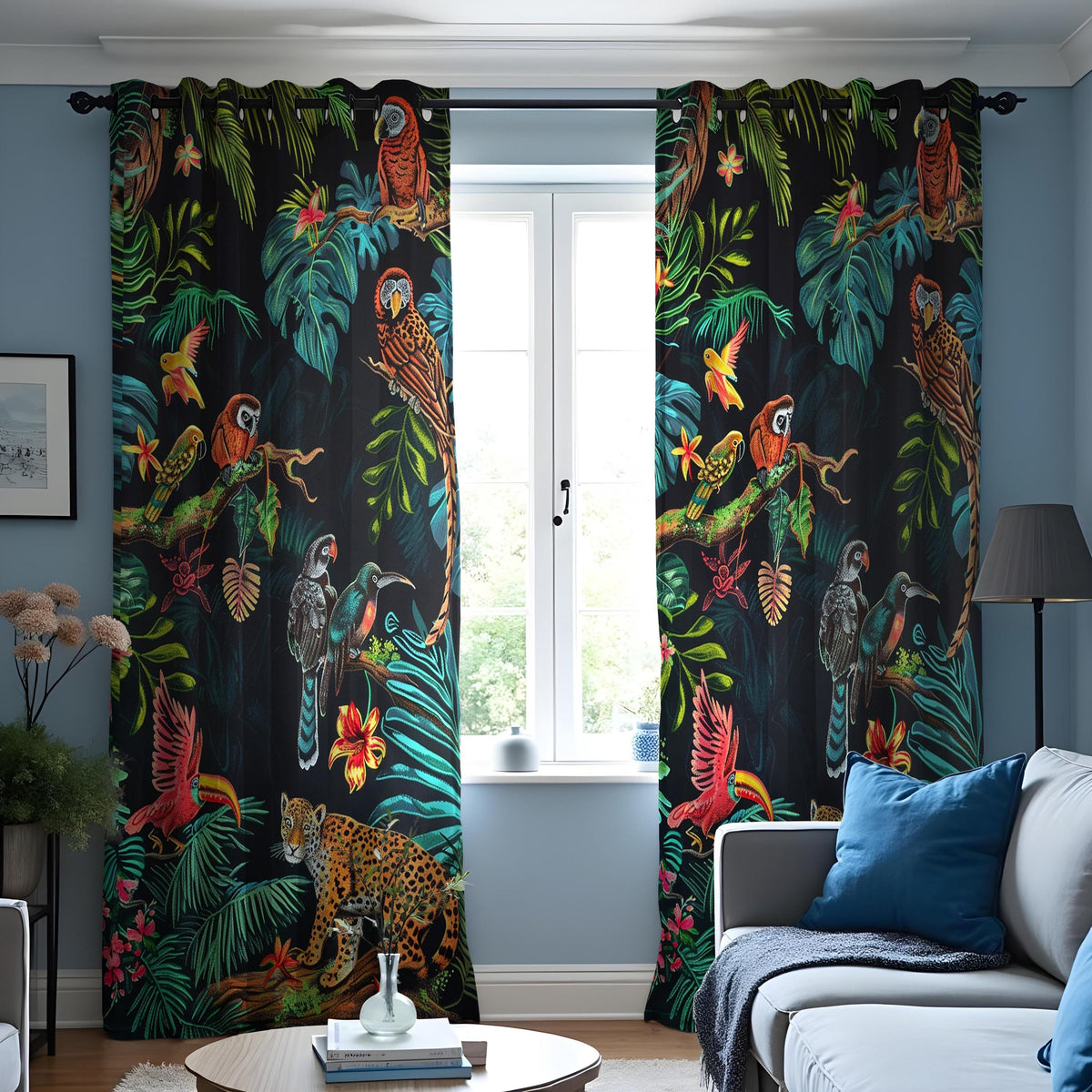 Leopard & Parrot Jungle Curtains, Tropical Animal Drapes