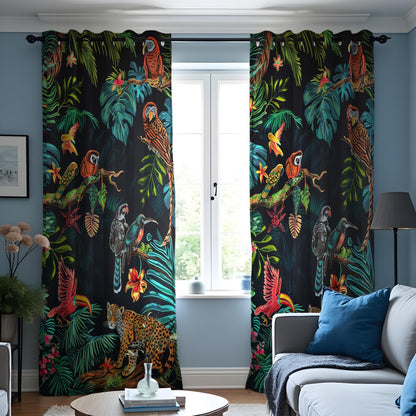 Leopard & Parrot Jungle Curtains, Tropical Animal Drapes