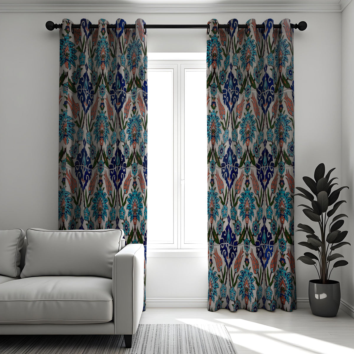 Blue & Orange Ikat Curtains, Boho Mediterranean Drapes