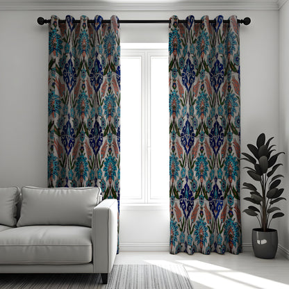 Blue & Orange Ikat Curtains, Boho Mediterranean Drapes