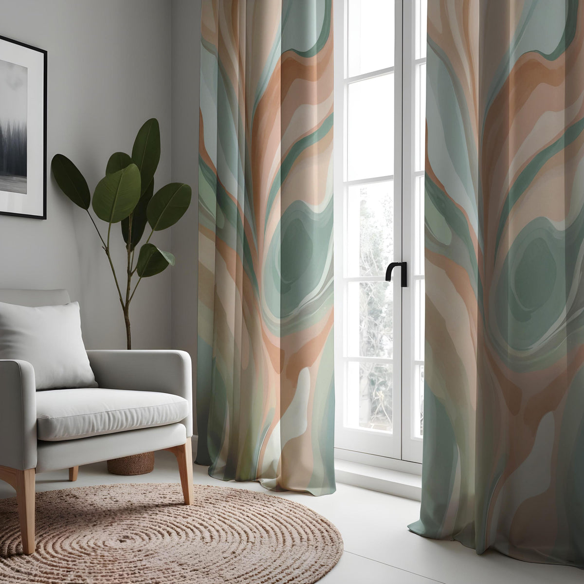 Earth Tone Retro Swirl Curtains, Marble Pattern Drapes