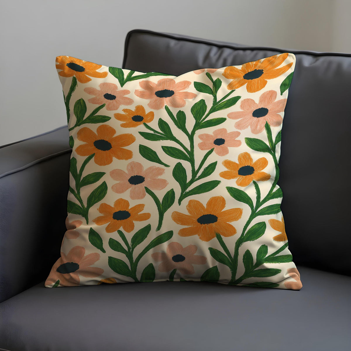 Floral Cushion Cover, Orange Peach Flowers Throw Pillow Case