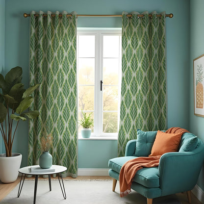 Green Leaf Pattern Curtains, Modern Botanical Custom Drapes