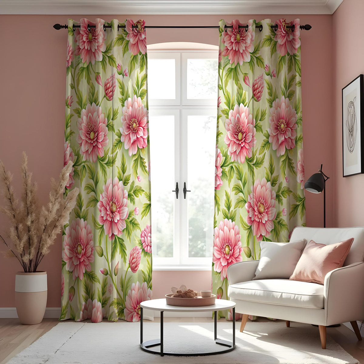 Pink Flower Curtains, Green Botanical Made to Measure Drapes