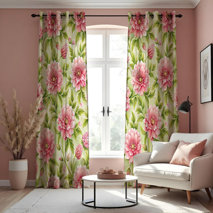 Pink Flower Curtains, Green Botanical Made to Measure Drapes