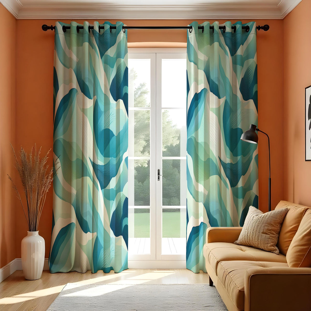 Teal Aqua Art Deco Wave Curtains, Ocean Geometric Drapes
