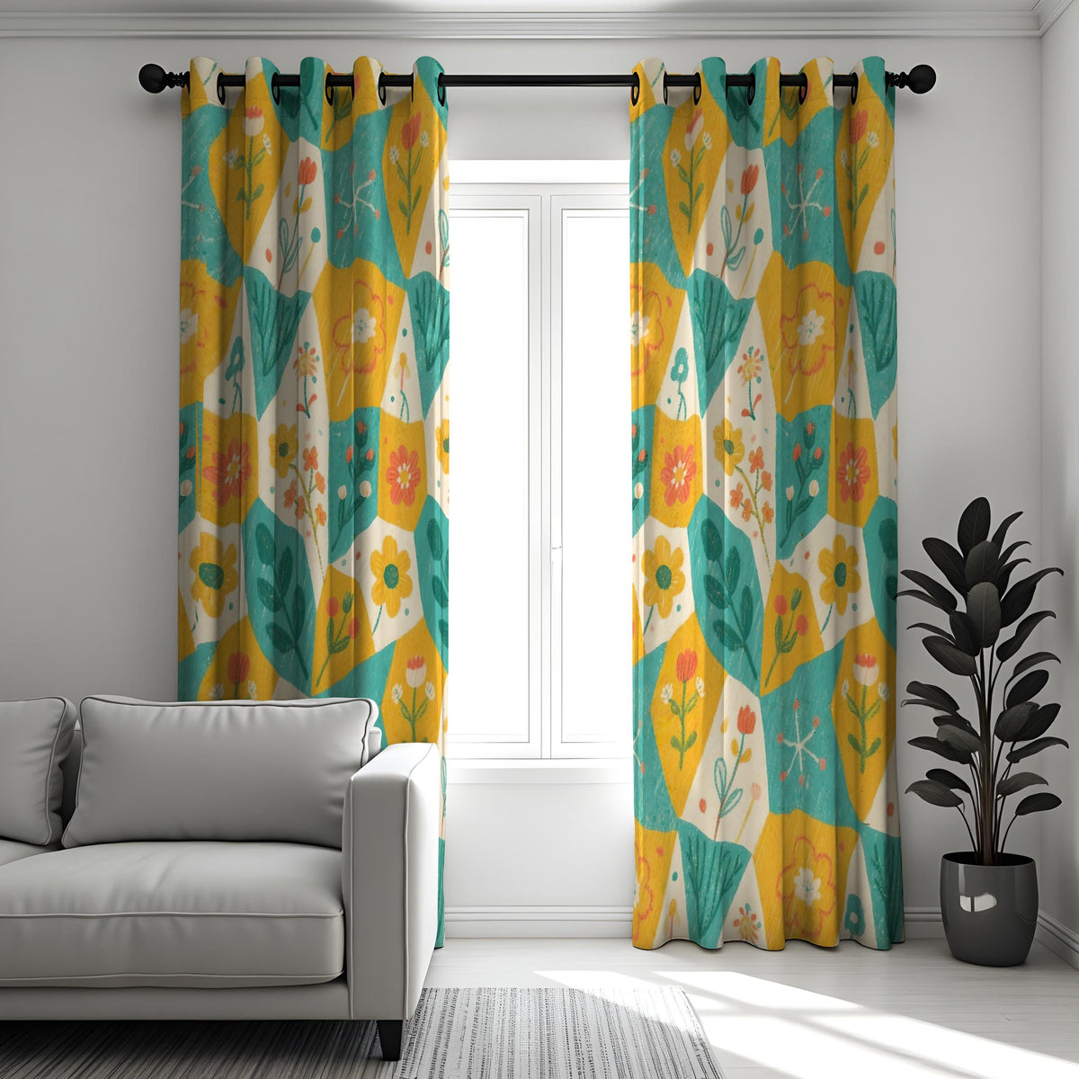 Yellow Teal Retro Floral Curtains, Geometric Flower Drapes