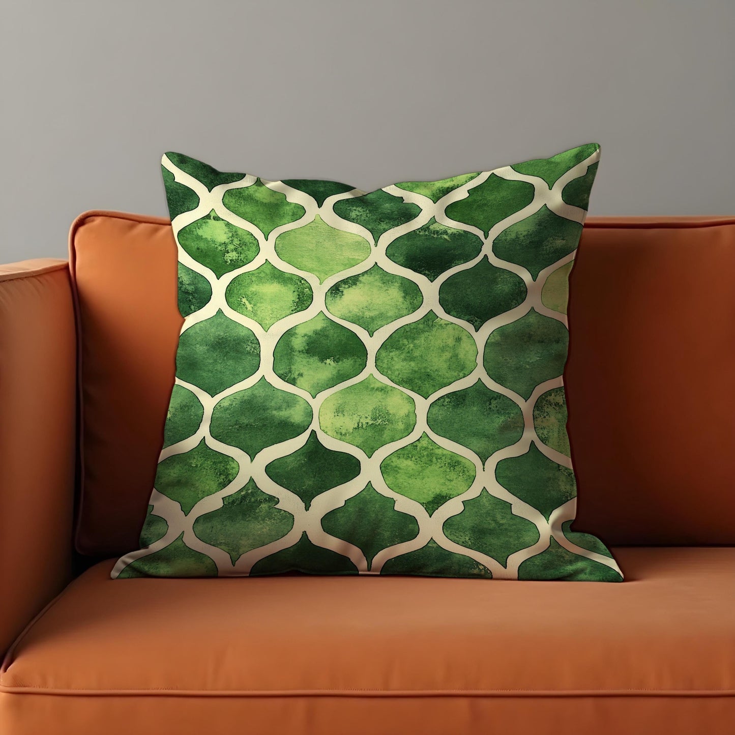 Green Moroccan Trellis Cushion Cover, Watercolor Style Pillow Cover
