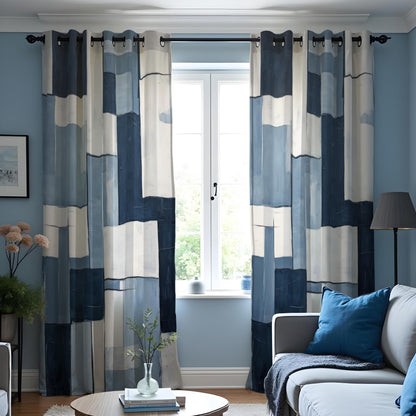 Navy & Ivory Block Pattern Curtains, Modern Custom Drapes