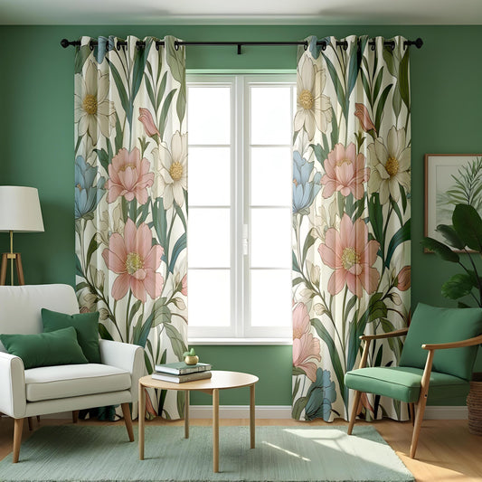 Pastel Floral Curtains, Big Flower Botanical Leaf Drapes