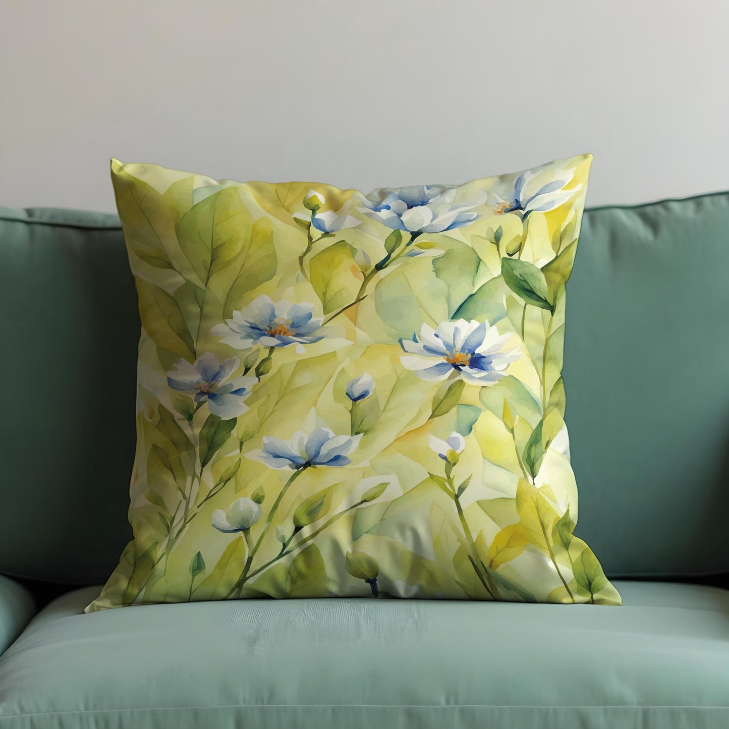 Lemon Yellow Floral Cushion Cover, Soft Blue Flowers Pillow Case