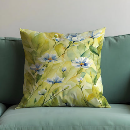 Lemon Yellow Floral Cushion Cover, Soft Blue Flowers Pillow Case