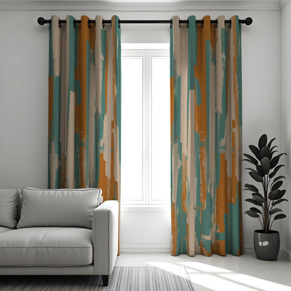 Teal and Rust Brushstroke Curtains, Abstract Art Drapes