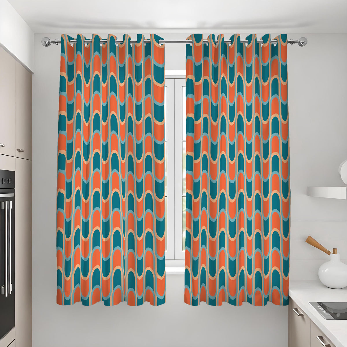 Orange and Teal Retro Wave Curtains, 70s Geometric Drapes