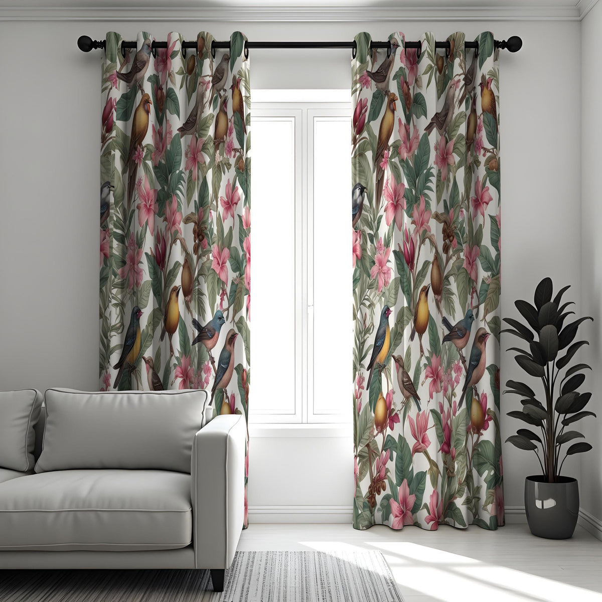 Tropical Bird & Flower Curtains, Vibrant Botanical Drapes