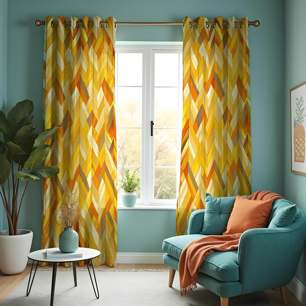 Yellow Orange Chevron Curtains, Retro Geometric Drapes