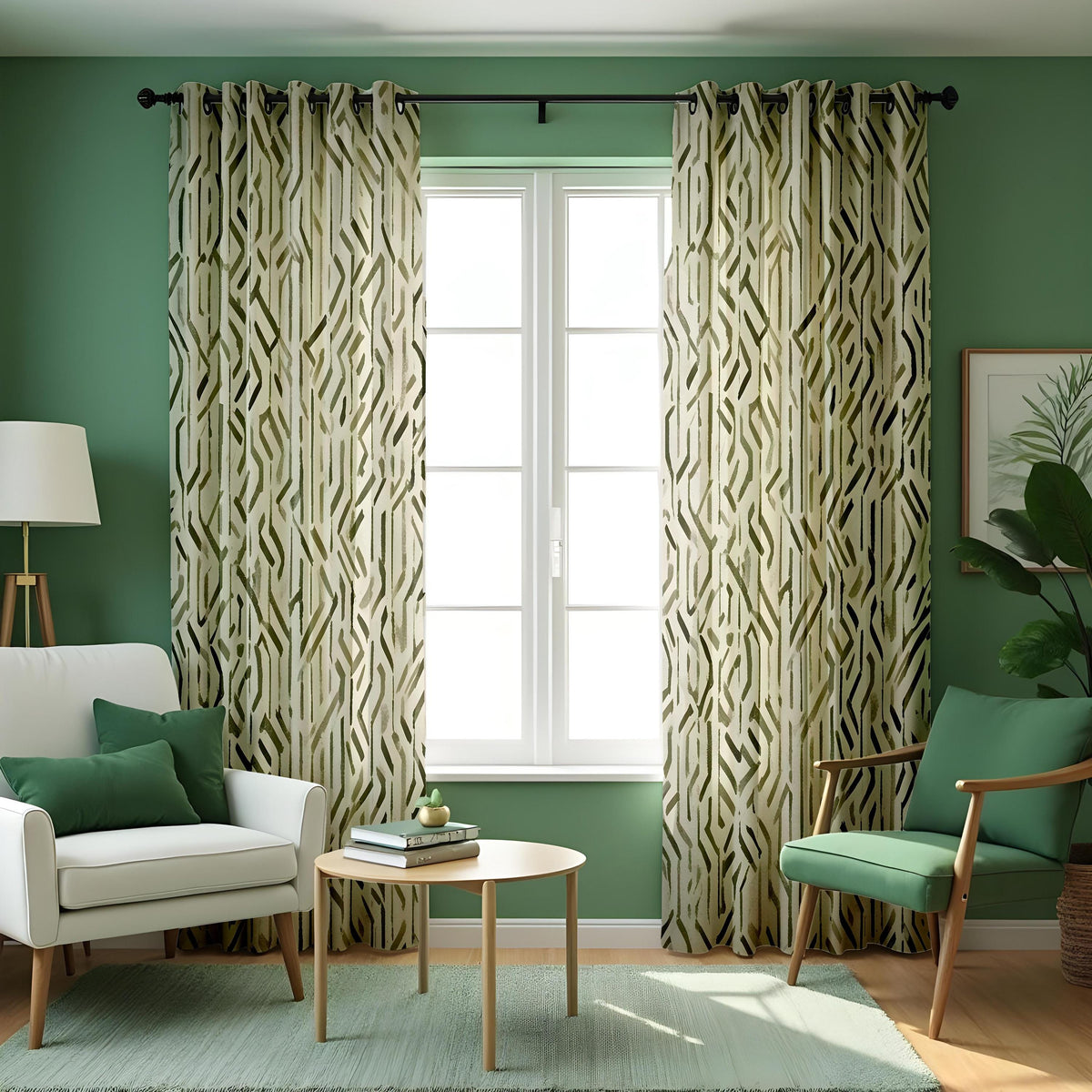 Beige & Green Geometric Curtains, Contemporary Drapes